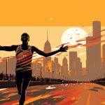 Marathon runner at the finish line and the silhouette of Chicago