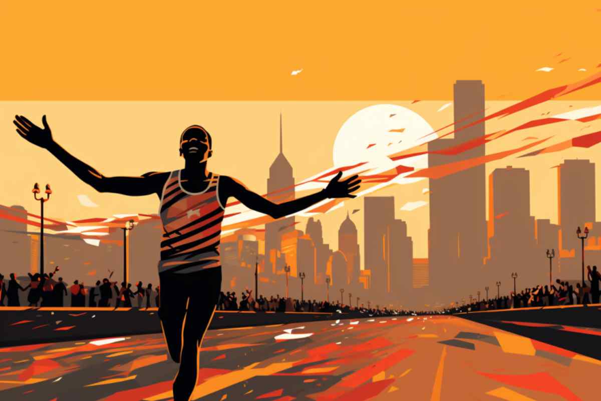 Marathon runner at the finish line and the silhouette of Chicago